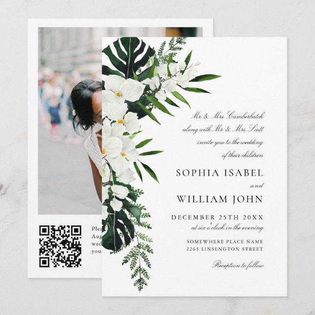 Bohemische Grüne Hochzeit mit eleganten Orchideen Einladung (Vorne/Hinten)