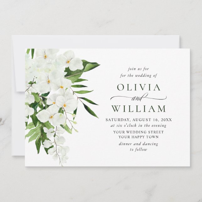 Bohemische Grüne Hochzeit mit eleganten Orchideen Einladung (Vorderseite)
