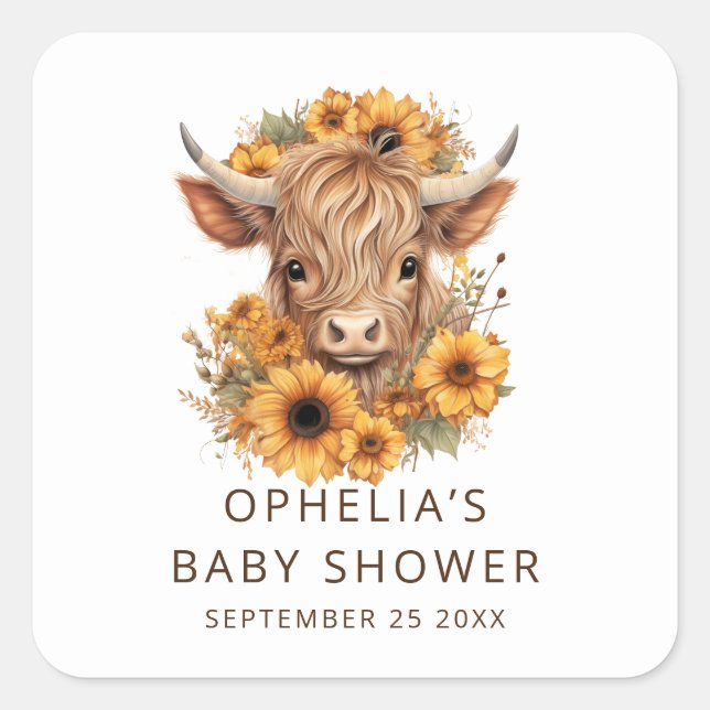 Bohemische Hochlandkuh Sonnenblumen Babydusche Quadratischer Aufkleber (Vorderseite)