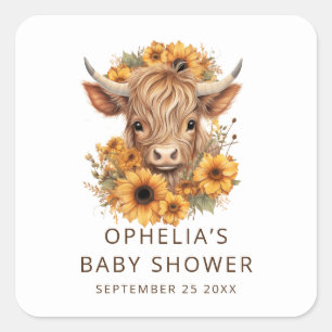 Bohemische Hochlandkuh Sonnenblumen Babydusche Quadratischer Aufkleber