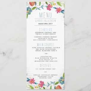 Bohemische Hochzeit mit blauen und rosa Blumenbeer Menükarte