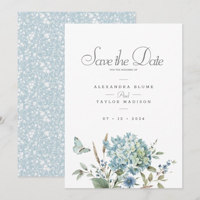 Bohemische Hochzeit mit blauer Flora Save The Date (Vorne/Hinten)