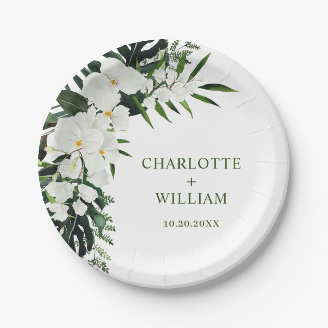 Bohemische Hochzeit mit Blumen und Orchideen Pappteller (Vorderseite)