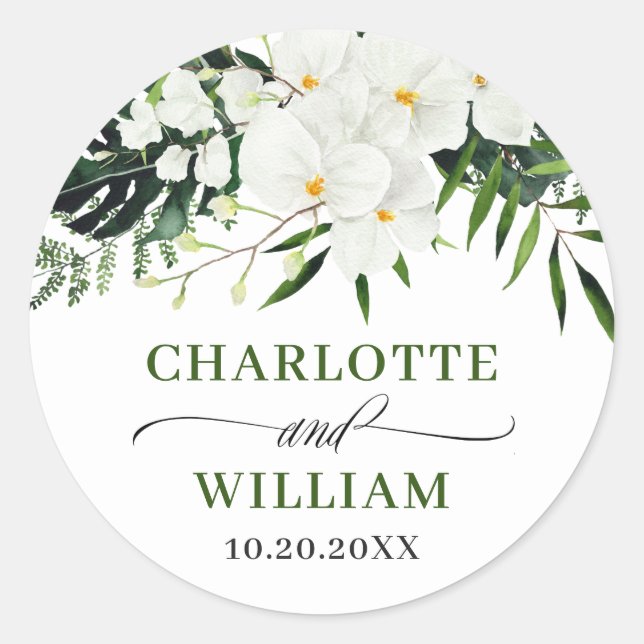 Bohemische Hochzeit mit Blumen und Orchideen Runder Aufkleber (Vorderseite)