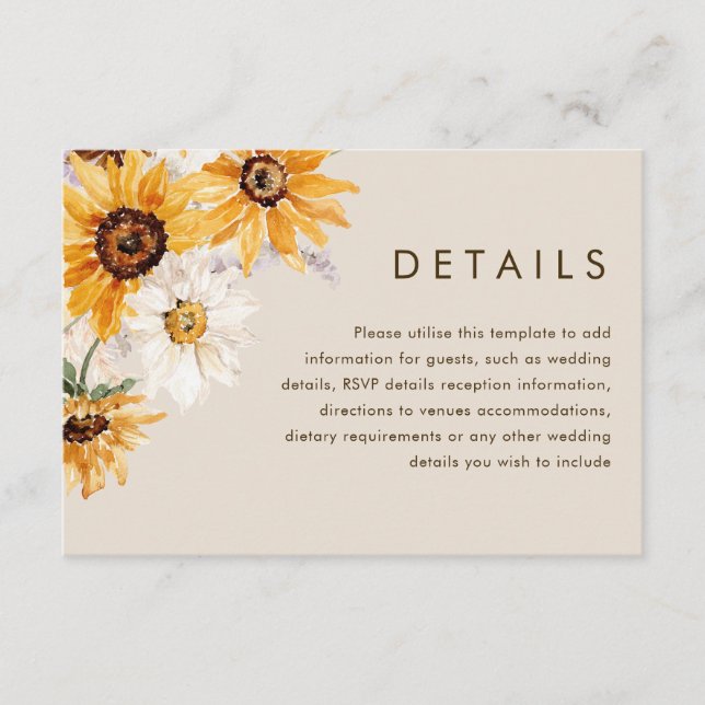 Bohemische Hochzeitsdetails für Sonnenblumen Begleitkarte (Vorderseite)