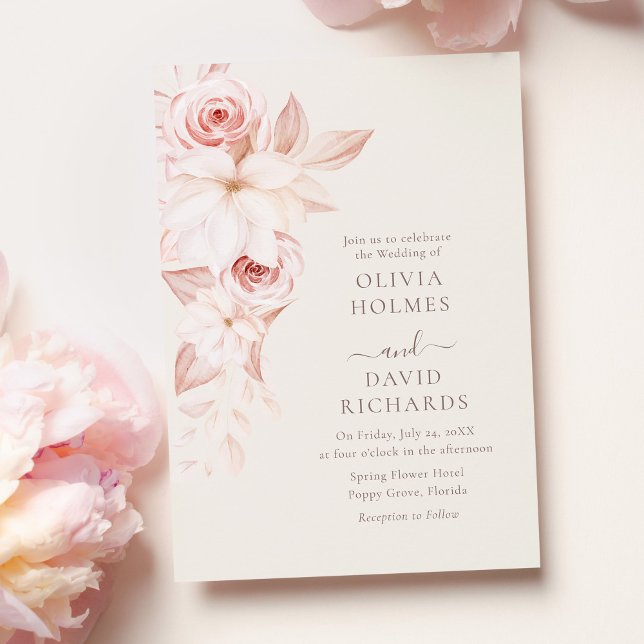 Bohemische Hochzeitsfeier in Beige und Rosa Einladung (Bohemian Beige and Pink Roses Wedding Invitation on pastel pink table with pink roses.)