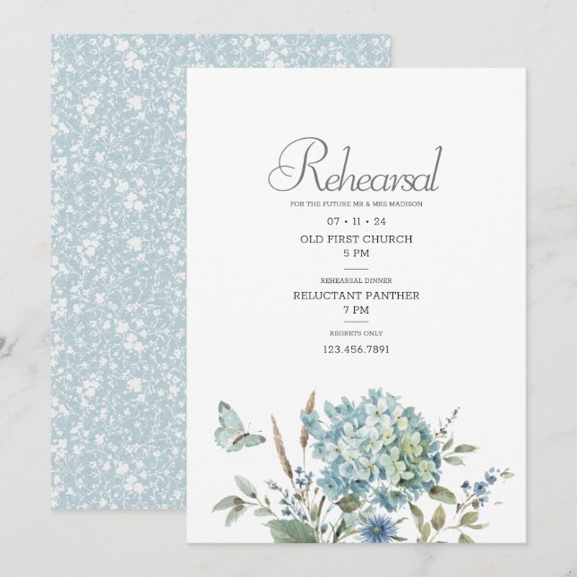 Bohemische Hochzeitsszene mit blauer Flora Probe Einladung (Vorne/Hinten)