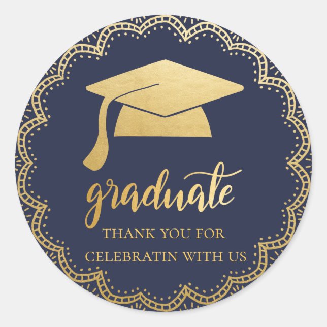 Bohemische Imitate Gold Foil Graduate Hat | Blau Runder Aufkleber (Vorderseite)