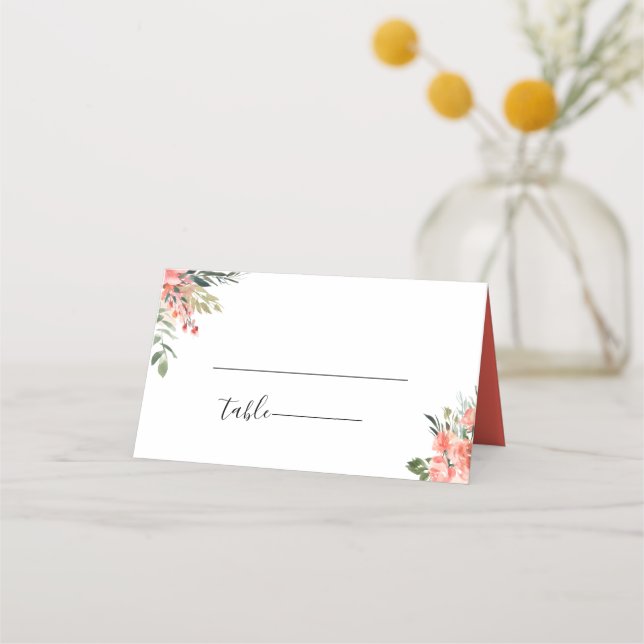Bohemische Korallenblumenhochzeit Platzkarte (Vorderseite)