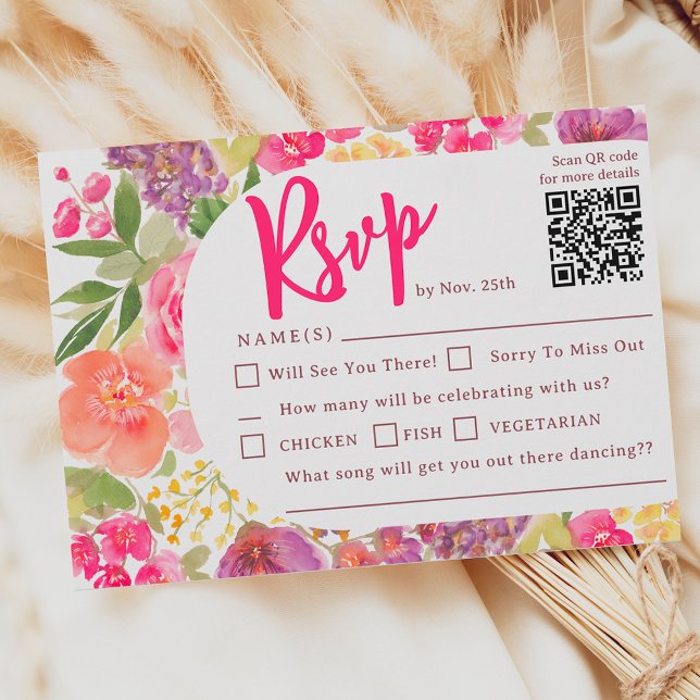 Bohemische, leuchtend blumengeschichte Hochzeit RSVP Karte (Bohemian bright floral arch script chic wedding RSVP card)