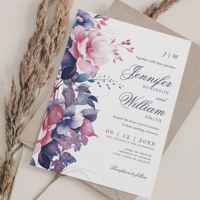 Bohemische Lila Hochzeit mit Flora Elegant Einladung (Bohemian Floral Purple Wedding Elegant Invitation)