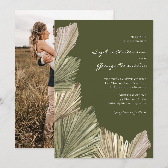 Bohemische Palm Blätter Hochzeit Einladung mit Fot (Vorne/Hinten)