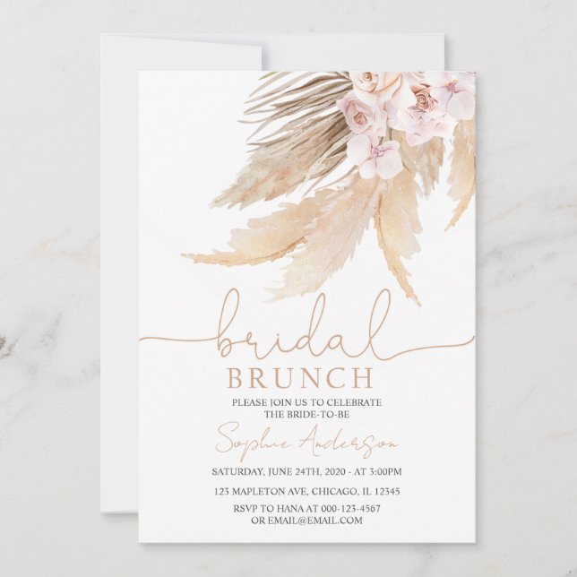 Bohemische Pampas Grass Bridal Brunch-Tones Einladung (Vorderseite)