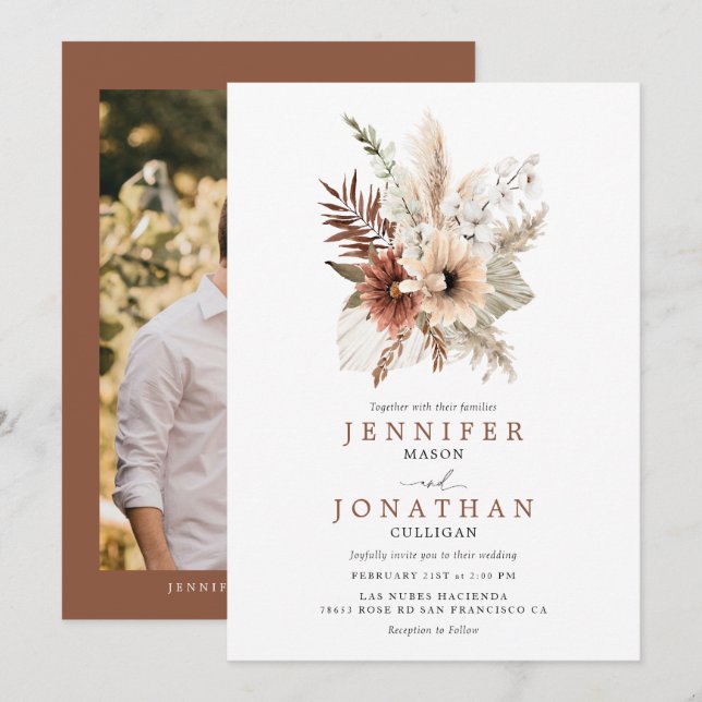 Bohemische Pampas Grass Foto Hochzeit Einladung (Vorne/Hinten)