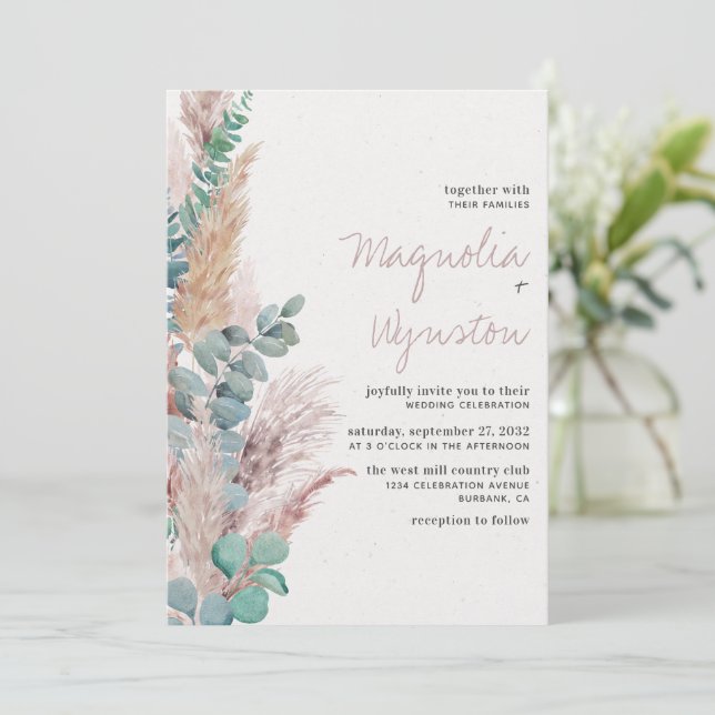 Bohemische Pampas Grass Natural Wedding Einladung (Stehend Vorderseite)