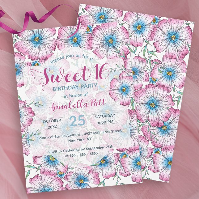 Bohemische Pastel Floral Pink Blue Sweet 16 Einladung (Von Creator hochgeladen)