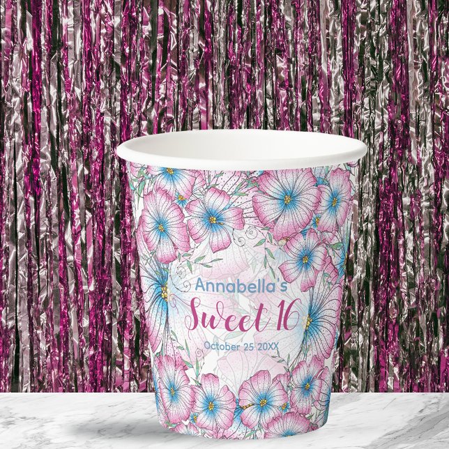 Bohemische Pastel Floral Pink Blue Sweet 16 Pappbecher (Von Creator hochgeladen)