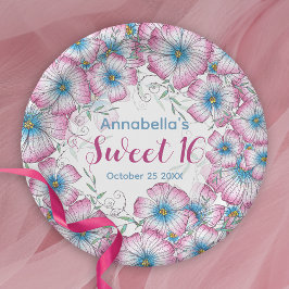 Bohemische Pastel Floral Pink Blue Sweet 16 Pappteller