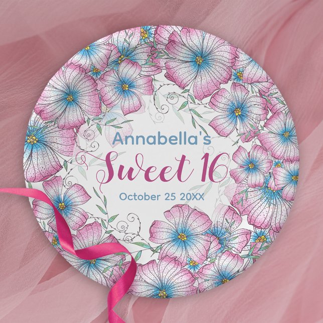 Bohemische Pastel Floral Pink Blue Sweet 16 Pappteller (Von Creator hochgeladen)