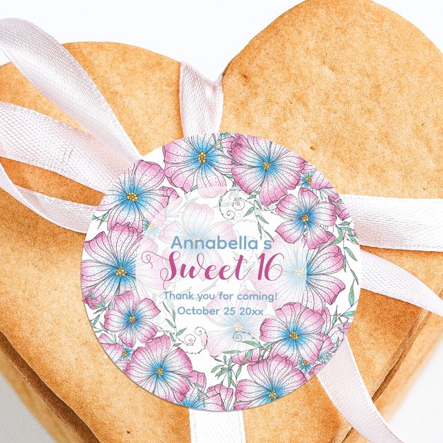 Bohemische Pastel Floral Pink Blue Sweet 16 Runder Aufkleber (Von Creator hochgeladen)