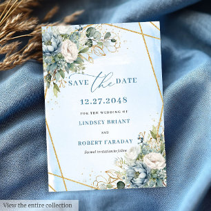 Bohemische Pastellblauer Weißer Goldpione Rett Dat Einladung