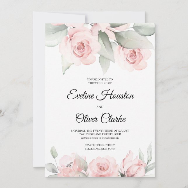 Bohemische Rosa Rosen und grüner Boho Einladung (Vorderseite)