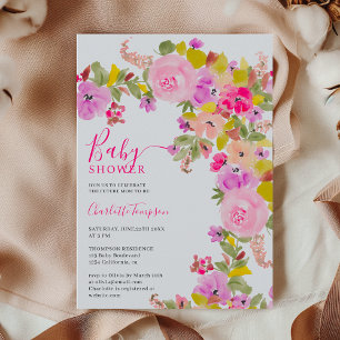 Bohemische rosa Wildblumen Federbaby Dusche Einladung