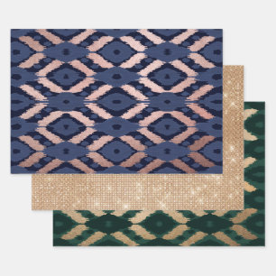 Bohemische Rose Gold Navy Blue Ikat Muster Geschenkpapier Set