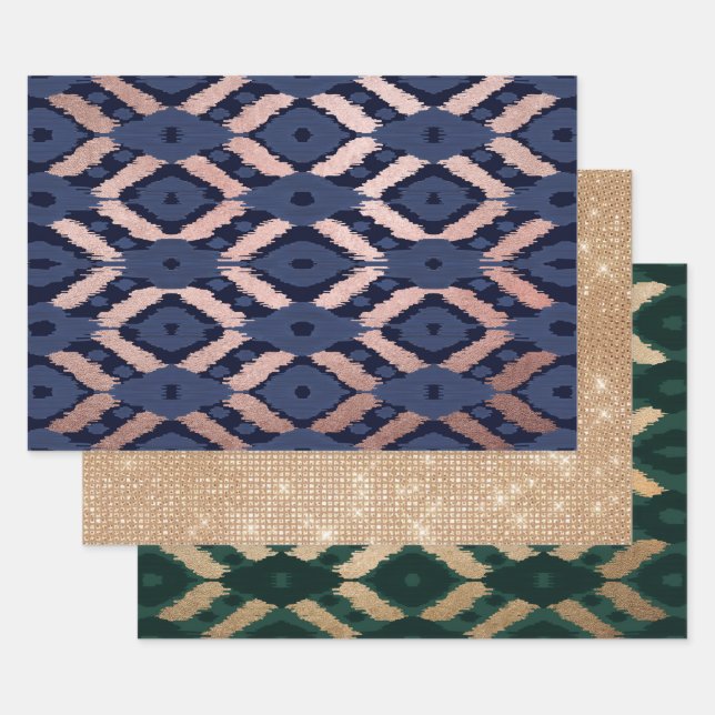 Bohemische Rose Gold Navy Blue Ikat Muster Geschenkpapier Set (Set)