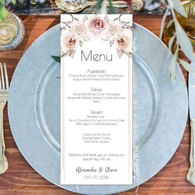 Bohemische Rose Hochzeitsmenü Menükarte (Bohemian Roses Wedding Menu)