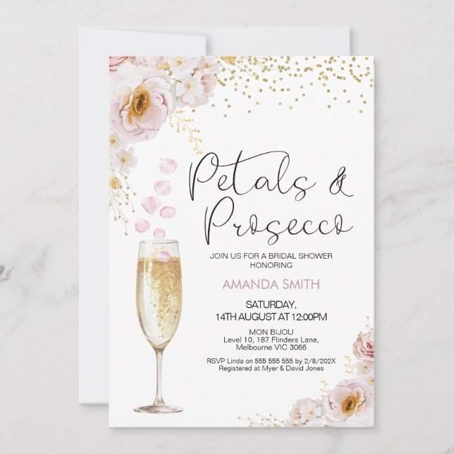 Bohemische Rose Petals Petals Prosecco Brautparty Einladung (Vorderseite)