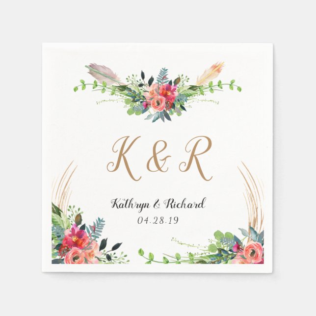 Bohemische Rustikale Floral-Aquarell-Monogramm-Hoc Serviette (Vorderseite)