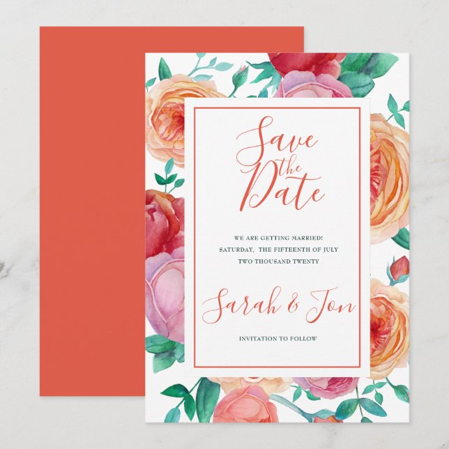 Bohemische Save the Date florale Karte (Vorne/Hinten)