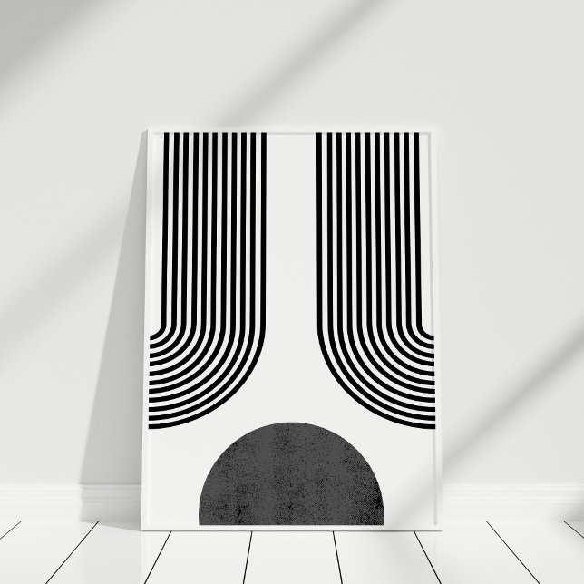 Bohemische Schwarz-Weiß-Abstrakte Mauer Kunst Poster (Bohemian Black and White Abstract Wall Art against white wall in white frame.)