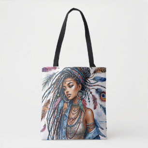 Bohemische Schwarze Frau Watercolor Boho Kunst Tasche