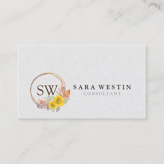 Bohemische Sonnenblumen Monogram Wedding Consultan Visitenkarte (Vorderseite)