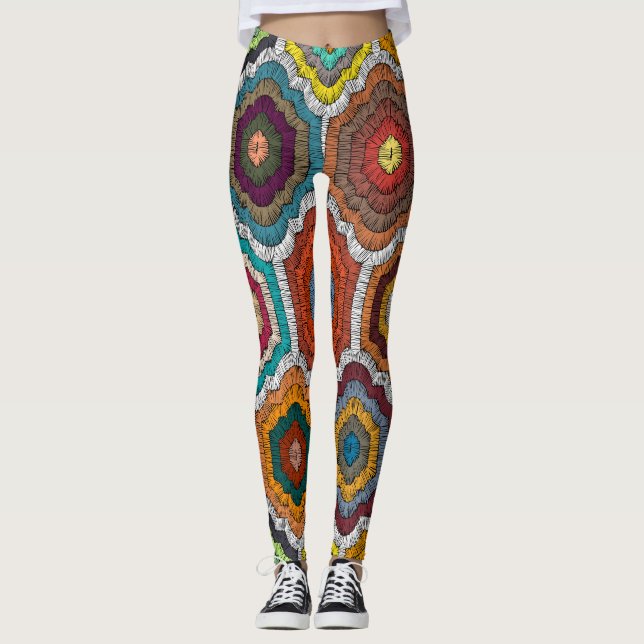 Bohemische Stickerei: Geometrisches Patchwork Leggings (Vorderseite)