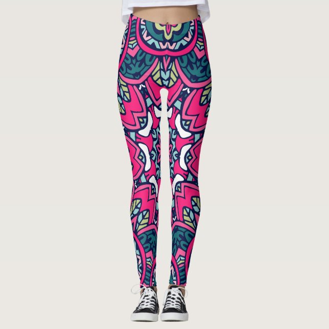 Bohemische Stilelemente wie Grün, Rosa und Blau Leggings (Vorderseite)