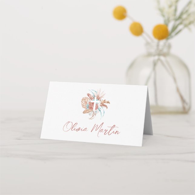 Bohemische Taufe Boho Christening Blume Platzkarte (Vorderseite)