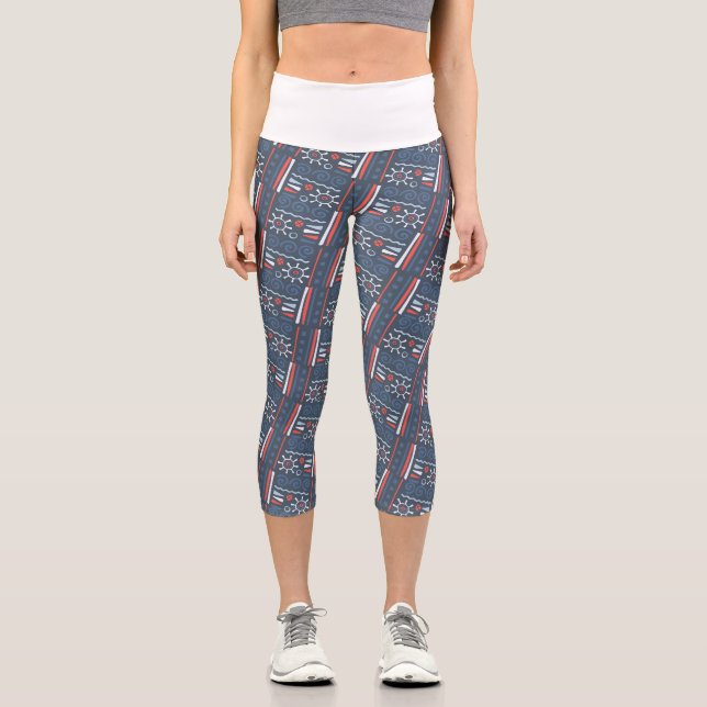 Bohemische Tribal-Zeichnungen farbenfrohe Muster Capri Leggings (Vorderseite)