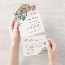Bohemische tropische Blätter Hochzeit All In One Einladung