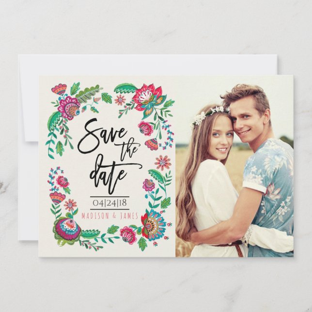 Bohemische türkisfarbene Streifen Blume | FOTO Save The Date (Vorderseite)