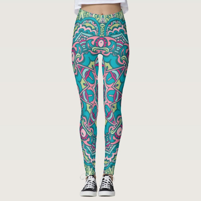 Bohemische türkisfarbene und rosafarbene Einrichtu Leggings (Vorderseite)