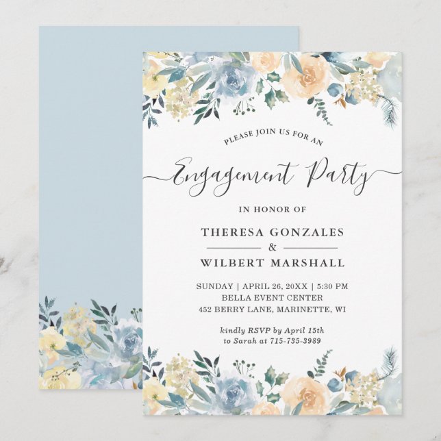 Bohemische Vanilla Blue Floral Einladung (Vorne/Hinten)