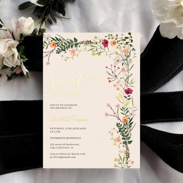 Bohemische Wiesenwild Blume Frühling süß 16 Folieneinladung (Bohemian meadow wild flowers spring sweet 16 foil invitation)