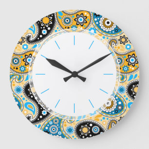 Bohemischen 70er Jahre Retro Blue und Gold Paisley Große Wanduhr