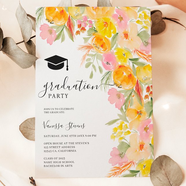 Bohemischer, blumenfarbener Abschluss Terracotta Einladung (Bohemian floral watercolor terracotta graduation invitation)
