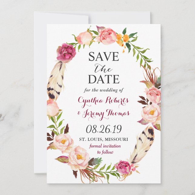 Bohemischer Blumenschreath Feather Boho Save the D Date (Vorderseite)