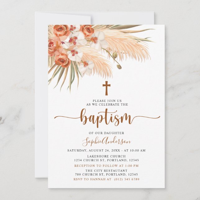 Bohemischer Boho Pampas Grass Taufe Einladung (Vorderseite)