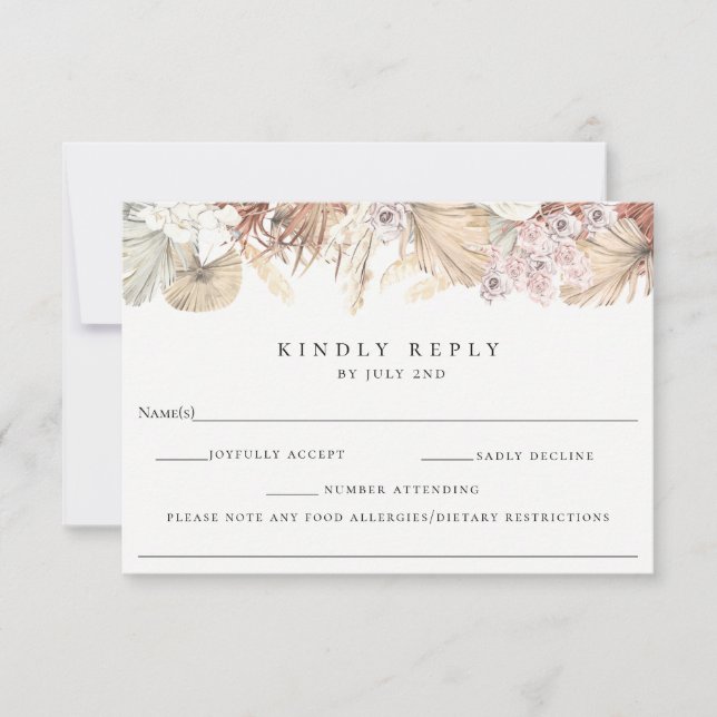 Bohemischer botanischer Hochzeitstich mit Allergik RSVP Karte (Vorderseite)